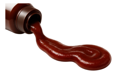 Barbecue sauce flowing from a dark brown plastic container, creating a rich, thick line.
