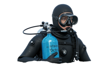 Isolated Scuba diver with diving gear looking at camera, wearing black diving suit