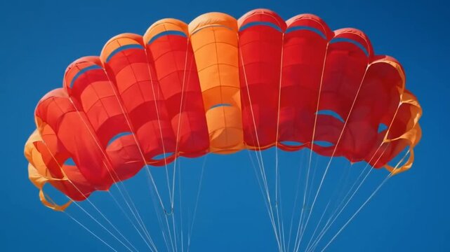 Slow-motion shot of a parachute unfurling with red and orange gradient against a deep blue sky