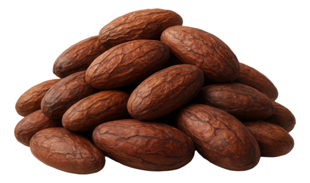 A pile of fermented cocoa beans, showcasing their dried and cracked shells.