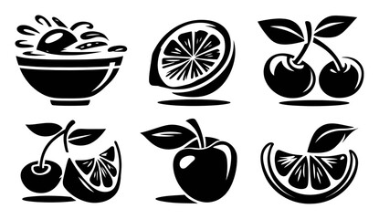 Black and White Fruit Icons with Bowl and Individual Fruit Designs