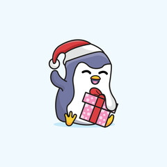 cute and funny penguin sitting carrying a gift art vector illustration 
