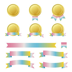 メダルとカラフルリボンのイラストセット