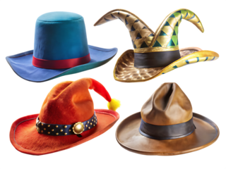  A collection of four hats including a jester hat, pirate hat, cowboy hat, and wizard hat isolated on  white Background ,PNG.AI .Generated.