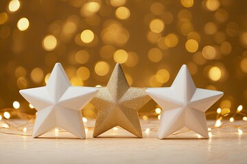 Three white and gold stars on a festive background with lights