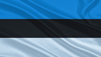 Flag of Estonia with horizontal blue, black, and white stripes symbolizing sky, soil, and purity.