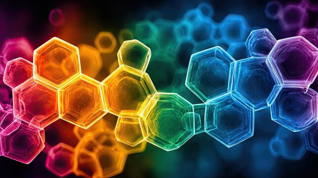 Cholesterol as a steroid precursor concept. Colorful abstract hexagonal shapes in vibrant gradients.