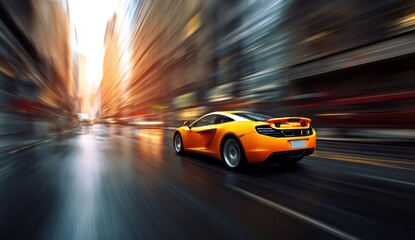Obraz premium Orange Sports Car Speeding Through City at Sunset