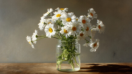 flower arrangement hobby, fresh daisies in clear glass vase,