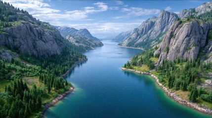 Obraz premium Serene Mountain Lake Aerial View Turquoise Water, Green Hills, Sunny Sky