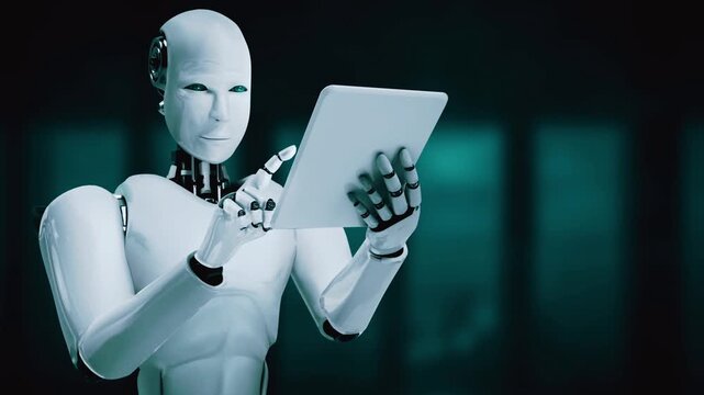 Robot hominoid using tablet computer for big data analytic using AI thinking brain , artificial intelligence and machine learning process for the 4th fourth industrial revolution . 3D rendering.
