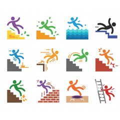 Collection of icons illustrating various accident scenarios including slips, falls, and injuries