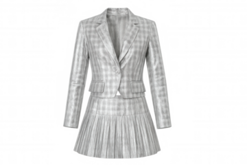 Professional model wearing gray checked blazer with pleated skirt, showcasing contemporary office attire against transparent backdrop