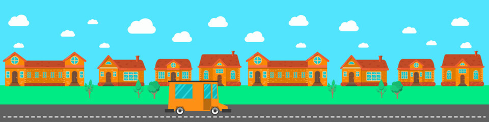 Obraz premium City street with houses, trees, transport in flat style. Flat composition of a city streets . Vector illustration