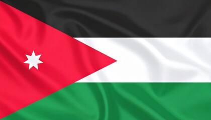 Flag of Jordan with black, white, green stripes and a red triangle featuring a white star.
