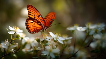 A striking orange butterfly rests gently on white flowers, bathed in the soft, golden sunlight, highlighting the splendor of nature in spring.