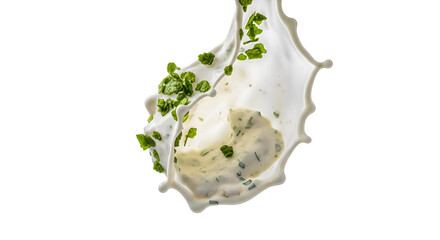 Obraz premium Creamy Sauce Splashes with Green Herbs on Transparent Background for Culinary Presentation