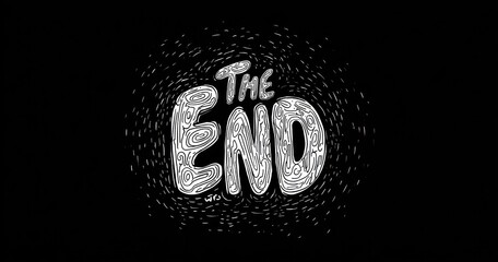 Striking "The End" text art. Black background, swirling white lines form the letters, creating a unique texture and dramatic sense of closure