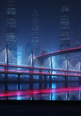 Obraz premium Surreal Futuristic Panorama with Neon Towers and Light Trails