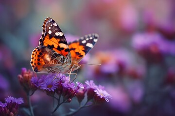 Obraz premium A stunning butterfly with orange and black wings rests on blooming purple flowers, its presence brightening the garden with sunlight.