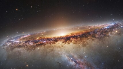 Edgeon view of a spiral galaxy, revealing its central bulge, flat disk, and prominent dust lanes, set against a backdrop of distant stars in the vast expanse of the universe