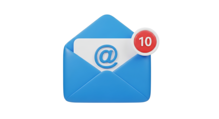 Blue Email Icon Envelope with At Symbol and Red Notification Badge Showing Ten New Messages — Digital Communication, Online Inbox, Internet Mail, Messaging and Business Marketing Concept Illustration
