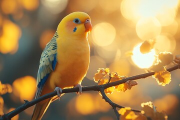 Yellow bird perched upon a branch in golden sunlight