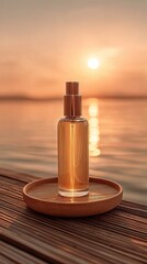 Naklejka premium Amber spray bottle on wooden dock at sunset over water