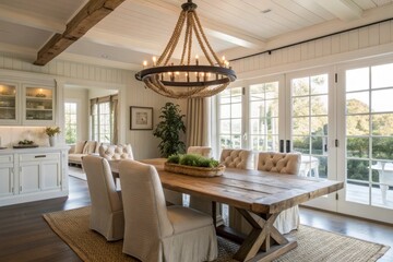 Fototapeta premium Elegant farmhouse dining room with rustic wooden table chandelier and large windows overlooking a garden