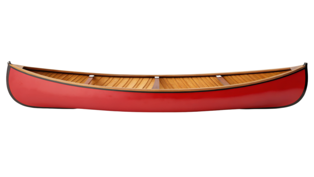 Kayaking Canoe, Red Wooden Hull with Natural Wood Trim on Transparent Background - Powered by Adobe
