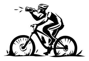 Fototapeta premium Bicyclist Drinking Water while Riding Mountain Bike in Black and White Art