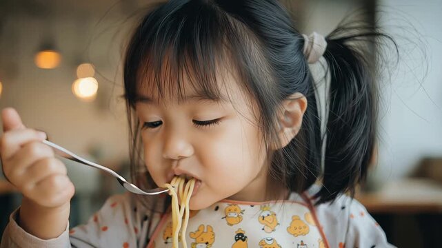 Young Asian girl with black hair enjoys eating spaghetti in a cozy restaurant. She wears a colorful bib and has a joyful expression while holding a fork.