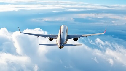Rear View of Airplane Flying Above Clouds