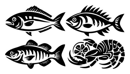 Fototapeta premium Black and White Illustrations of Various Fish and Sea Creatures Design