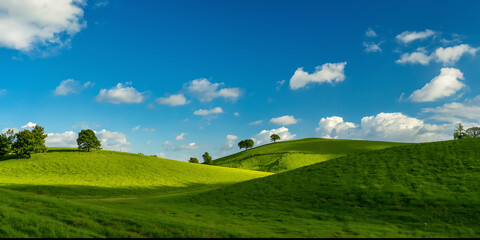 Obraz premium Rolling green hills with scattered trees under a clear blue sky. 