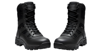 Black, leather boots present a rugged texture with sharp lighting for use as product photography or editorial imagery.