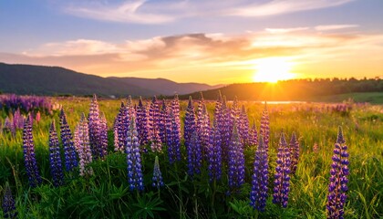 Close up of a tall vibrant purple flower stalk with many beautiful blossoms. Blurred green field of violet flowers in bright summer sunlight.