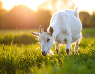 Obraz premium White goat grazing in a field at sunset