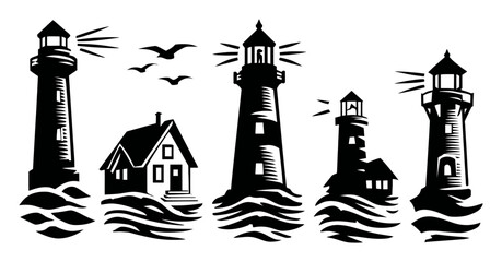 Vintage Style Lighthouses and House Silhouette Art for Nautical Decor