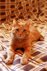 Ginger Cat is Relaxing on a Plaid Blanket. Pet Comfort and Cozy Home Concept, Warm Tones.
