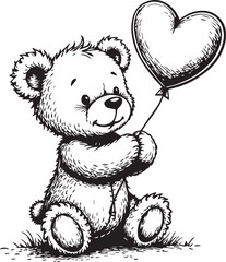 Cuddly Bear with Heart Balloon: An endearing bear holds a heart-shaped balloon, a symbol of love and warmth. This black and white illustration is ideal for conveying feelings of affection.