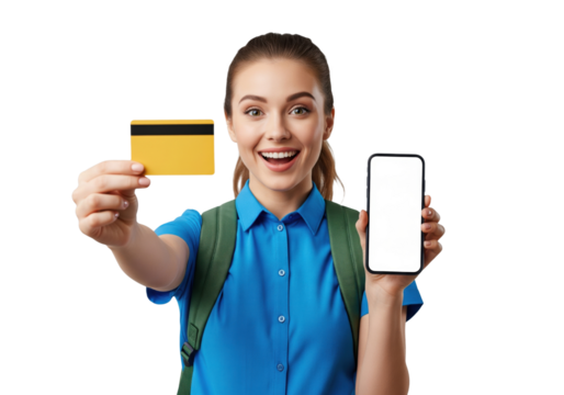Smiling Student Holding a Credit Card and blank Smartphone, Isolated on Transparent Background