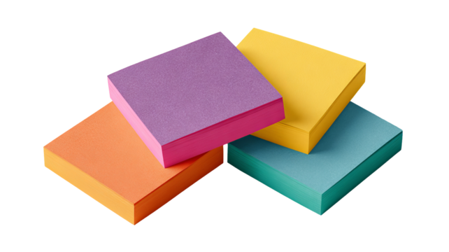 Square sticky notes set — colorful paper sheets isolated on transparent background, high-res PNG-style cutout for mockups, school & office stationery, bullet journals, planners, branding, web & app UI