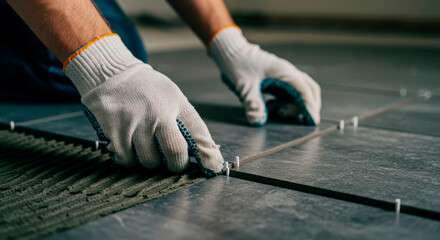 A man in work gloves installing large gray ceramic tiles on the floor. Home renovation and construction concept for interior design.