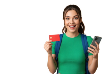 Smiling Student Holding a Credit Card and blank Smartphone, Isolated on Transparent Background