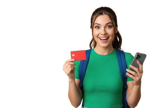 Smiling Student Holding a Credit Card and blank Smartphone, Isolated on Transparent Background

