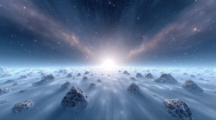 Cosmic Icy Plains Distant Sun and Starry Sky