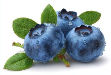 Obraz premium Three Ripe Blueberries with Water Droplets and Green Leaves