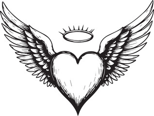 Winged Heart in Art: A detailed sketch of a heart is adorned with ethereal wings and a halo, expressing a sense of divine love.