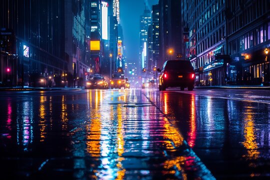 Neon city street at night with glowing reflections on wet pavement creating futuristic cyberpunk urban atmosphere